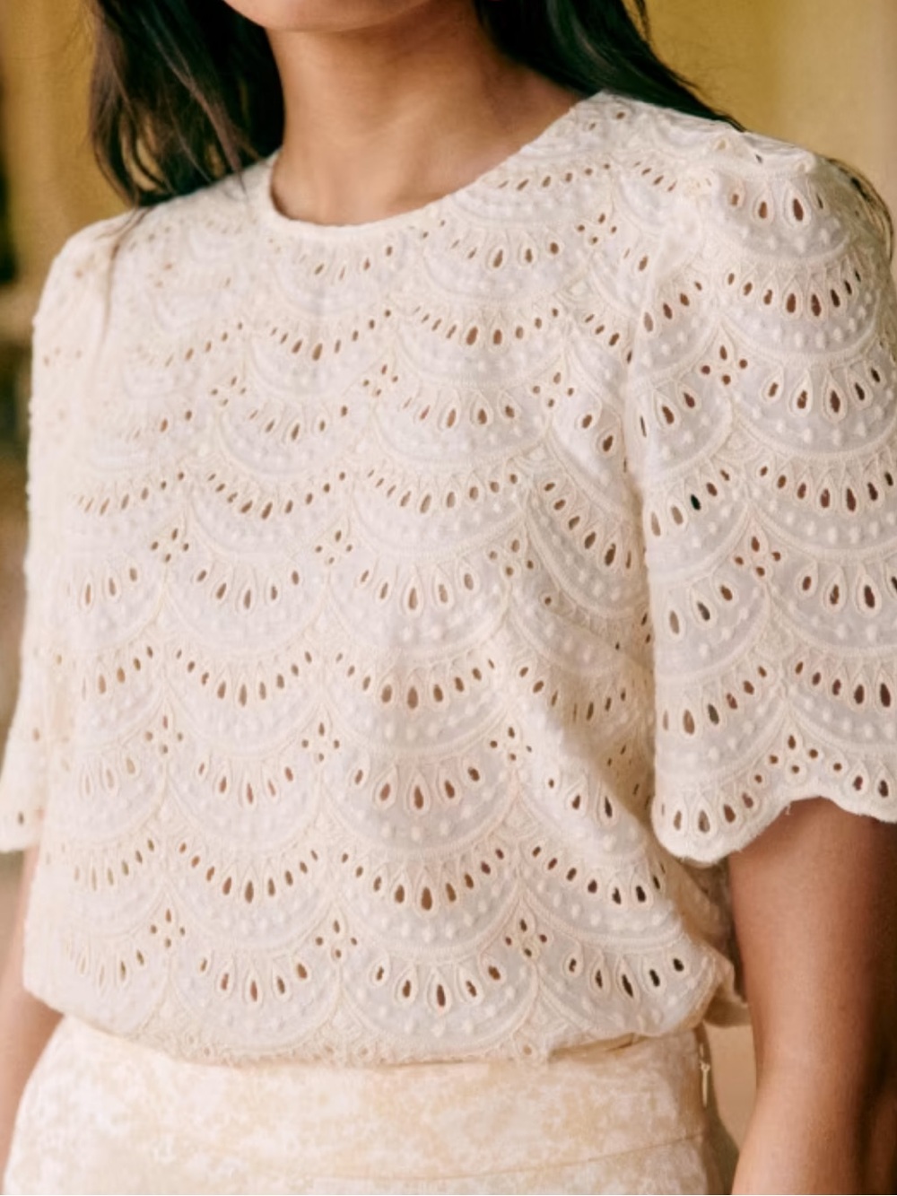 Sezane Scalloped Eyelet Short Sleeve Lisa Blouse